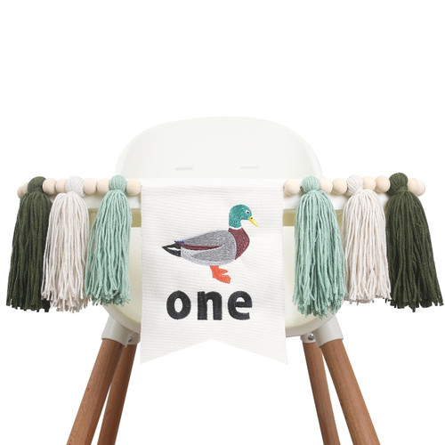 HGFC Duck 1st Birthday Highchair Banner Decorations - First Birthday High Chair Banner - Duck Hunting Theme Party Supplies - Duck Embroidery Tassel Garland - Mallard Duck Wood Bead Tassel Party Banner