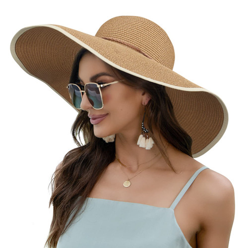 Naivlizer Women Wide Brim Sun Hat UPF50 Straw Summer Hat Floppy Beach Hat Roll-Up, Khaki