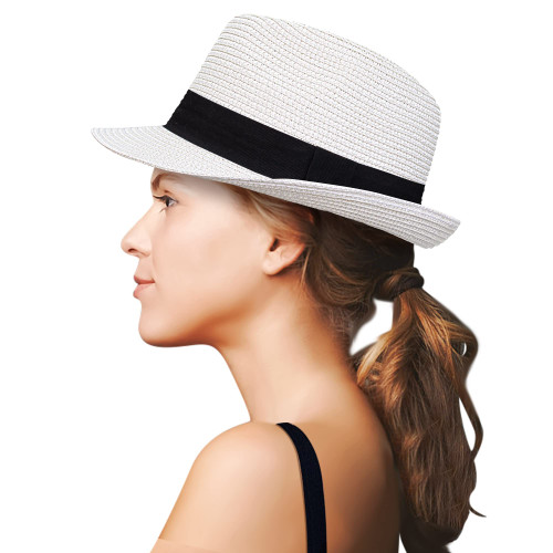 Roniky Panama Style Straw Fedora Sun Hat for Men Women Foldable Roll Up Short Brim Trilby Hat Beach Sun Hat UPF 50+ White