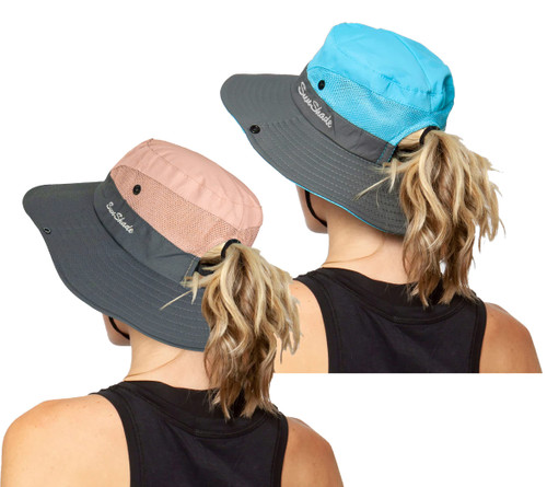 Women's Outdoor UV-Protection-Foldable Sun-Hats Mesh Wide-Brim Beach Fishing Hat with Ponytail-Hole (Pink+Blue)