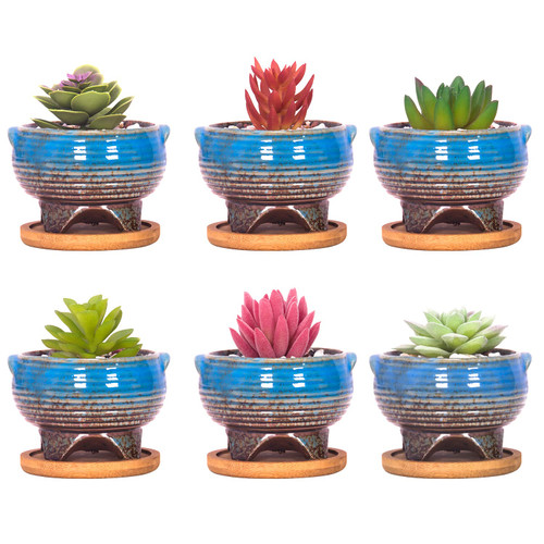 ARTKETTY Succulent Pots - 4 Inch Small Succulent Planters Pots with Drainage Tray Set of 6, Ceramic Pots for Indoor Flower Plants Blue Cactus Pot Bonsai Planter Container
