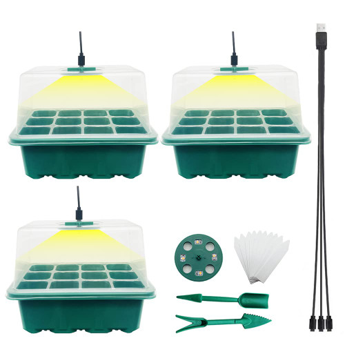 YOOAEFRTY Seed Starter Tray Seedling Kits with Grow Light, 3-Pack Plant Germination Set with Adjustable Humidity Dome and Base Greenhouse Grow Trays for Seeds Growing Starting (12 Cells per Tray)
