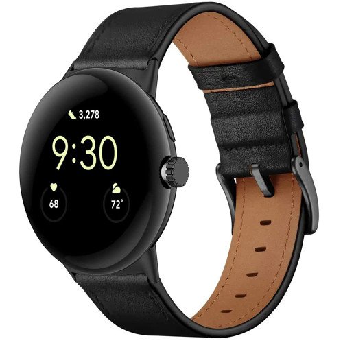 Leather Bands Compatible for Google Pixel Watch Band Leather for Men, Pixel Watch Wristband Adjustable Clasp Strap for Google Pixel Watch (Black/Black)