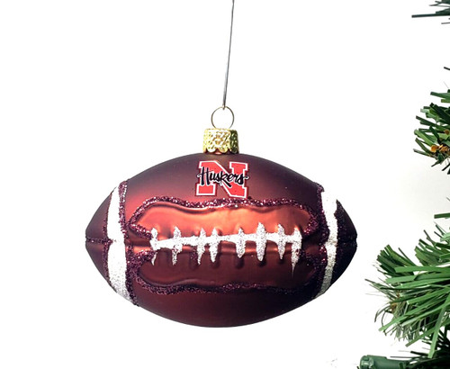 Team Logo Glass Football Christmas Tree Ornament Compatible with Nebraska Cornhuskers