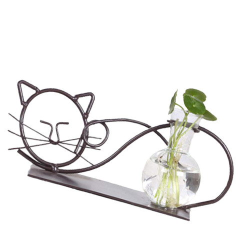 Plant Terrariums Kit Glass Planter Vase Holder Cat Plant Terrarium with Metal Stand Desktop Air Planter Bulb Glass Vase for Hydroponics Plants Home Garden Wedding Decor Glass Tube Vase