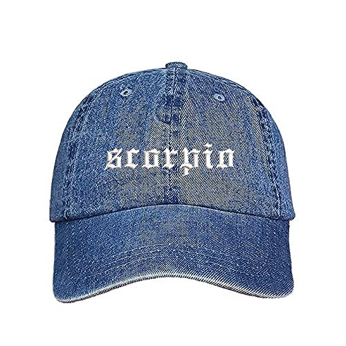 DSY Lifestyle Scorpio Old English Embroidered Baseball Hat - Zodiac Unisex Dad Hat (Light Denim)
