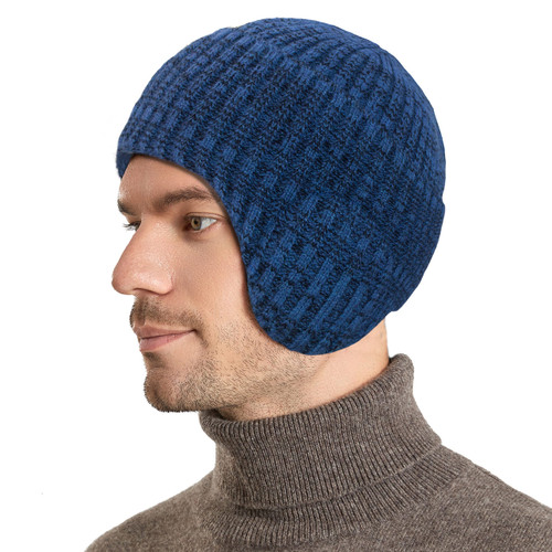 Muryobao Mens Winter Beanie Hats Knitted Cuffed Earflaps Hat Stretchy Warm Thick Windproof Knit Ski Skull Cap Blue