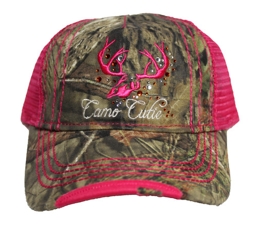 Camo Cutie Hot Pink Cap,Mossy Oak Camo Cap with Hot Pink Mesh Back and Deer Skull Logo