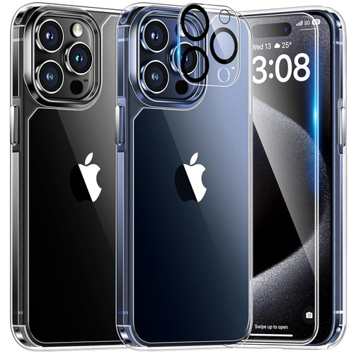 TAURI 5 in 1 for iPhone 15 Pro Case Clear, [Not-Yellowing] with 2X Screen Protector + 2X Camera Lens Protector, [15 FT Military Grade Protection] Shockproof Slim Case for iPhone 15 Pro, 6.1 Inch