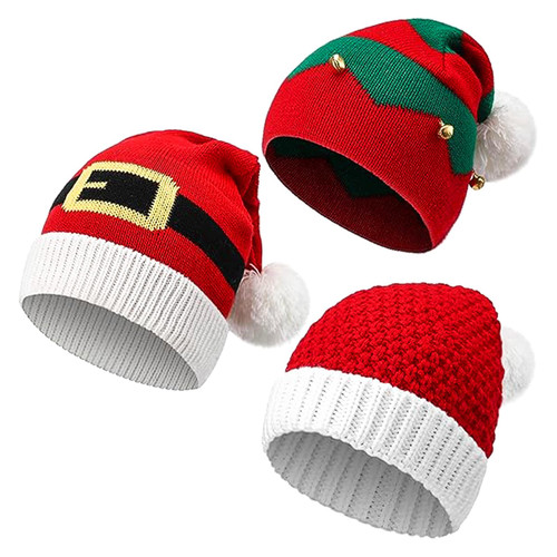 Whaline 3 Pcs Christmas Knitted Beanies Xmas Elf Santa Belt Knitted Hat with Pompom Soft Warm Winter Crochet Hat for Adult