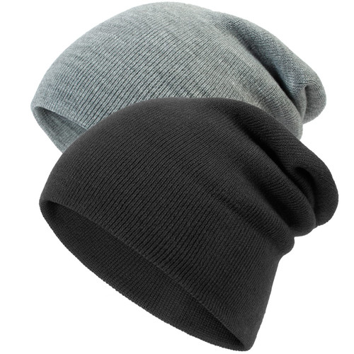 Muryobao Womens Beanie Hat Soft Warm Winter Hats Knit Cuff Fisherman Beanies Slouchy Skull Cap 2 Pack Black + Light Grey