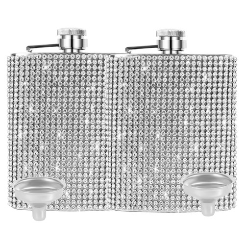INSTOME Diamond Hip Flask,Flasks for Liquor for Women,6oz Bling Flasks for Liquor,Rhinestone Hip Flask Leakproof with Funnel,Leakproof Flask for Wine Whiskey Liquor Drinking (8+8, silver)