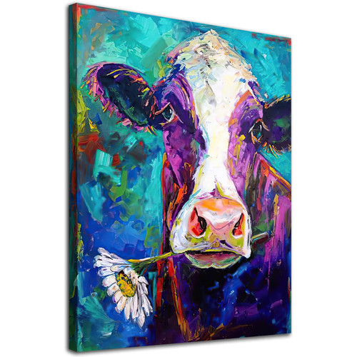 Abstract Cow Wall Art Farmhouse Animal Canvas for Bathroom Cow Painting Flower Cow Poster Prints Teal Farmhouse Pictures Cow Watercolor Painting Daisy Cow Art Colorful Cow Artwork 16x24inch Frameless