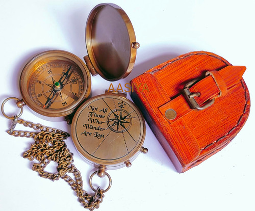 AASIYA Not All Those Who Wander are Lost Brass Gift Engraved Compass with Leather case, Graduation Day Baptism Communion Confirmation Day Motivational LOTR J.R.R. Tolkien