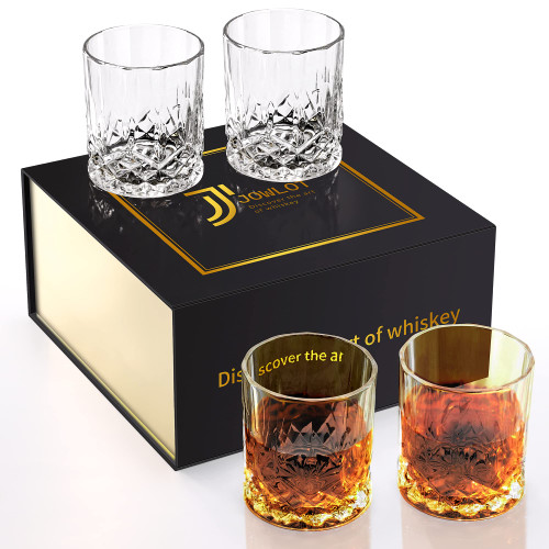 JOWLOT Whiskey Glasses Set of 4, Old Fashioned Glasses with Luxury Box, 10 Oz Rocks Glasses Tumbler for Drinking Bourbon Scotch Cocktail Cognac and Liquor, Gift for Men
