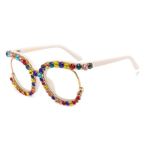 bullabulling Vintage Fashion Women Half-Rim Round Reading Glasses Crystal Trim Jeweled Frame Costume Glasses (white, 2, multiplier_x)