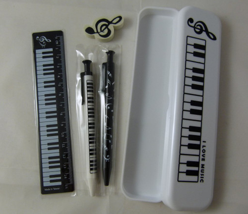 Funmusiconline Music Themed White Pencil Case Stationery Set - Mechanical Pencil, Mechanical Pen, 15cm Ruler and Eraser