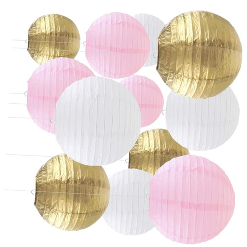 ERINGOGO 12pcs Pink Decor Gold Decor Folding Paper Lanterns Large Paper Lantern Lamp Shade Cover Paper Folding Lanterns Chinese Paper Lantern Wedding Party Decor Hanging Round Lantern