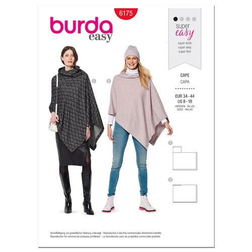 Burda Style Misses' Rectangular Cape, Code 6175 Sewing Pattern Kit, Sizes 8-18, Multicolor