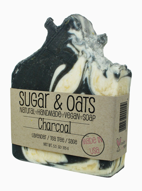 Sugar and Oats, Activated Charcoal, Bentonite Clay Soap with Exfoliating Jojoba Beads, Essential Oil Blend of Lavender, Tea Tree, and Sage, Face and Body Vegan Soap, Handmade Cold Press Skincare