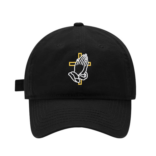 Mens Baseball Caps Embroidered Praying Hands with Cross Adjustable Washed Cotton Dad Hat (Black,7 1/2)
