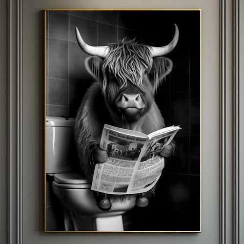 Funny Highland Cow Bathroom Wall Art Prints Cow Reading a Newspaper on the Toilet Picture Animal Bathroom Canvas Painting Farmhouse Toilet Poster Funny Cow Canvas Print for Living Room 16x24inch Unframed