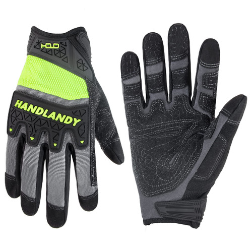 HANDLANDY Excellent Grip Work Gloves with TPR Impact Reducing Safety Working Gloves, Mechanic Work Gloves for Men Women (Hi vis-Green, Large)