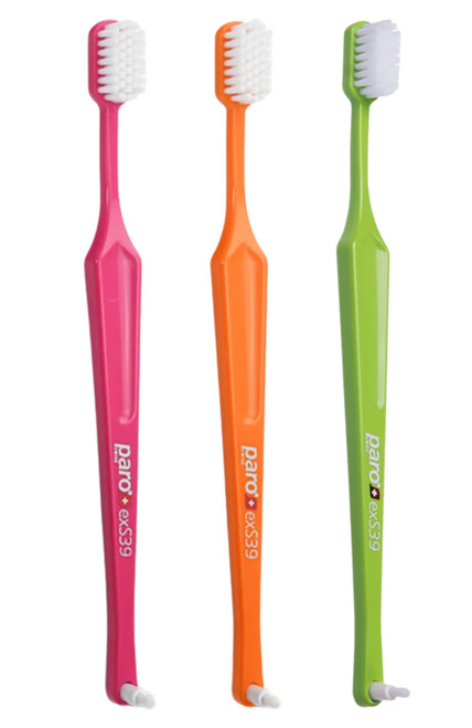 Paro exS39 Extra Sensitive Toothbrush with Interspace Brush F | Dual Features | Ultra Soft Bristles | Unisex | (3 Pack Multi-Color)