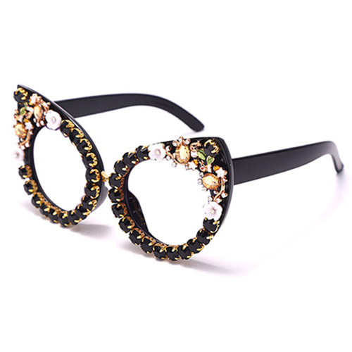 bullabulling Fashion Women Cateye reading glasses Crystal Trim Jeweled Frame Costume Glasses (black, 3.0)