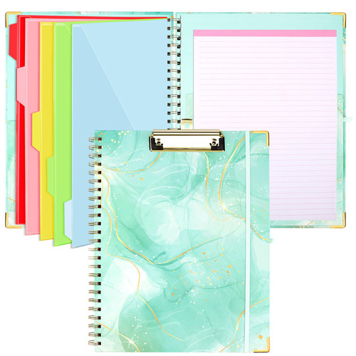 Spiral Clipboard Folio with Refillable Notepad,Cute Clipboard Folder,5 Dividers with Storage 10 Pockets,Versatile Clipfolio,Hardcover Clipboards Notebook for School Office Planner ClipBoard-Pale Green