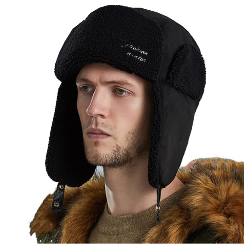 Mens Women Winter Hat Thick Warm Sherpa Lined Fleece Pilot Hoodie Cap Windproof Snowproof Earflap Peruvian Trapper Hat Black