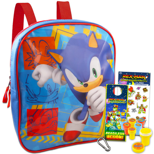 Color Shop Sonic the Hedgehog Mini Backpack for Kids - 11'' Sonic Backpack Bundle with Monster Stickers, Superhero Stampers, Backpack Clip, & More (Sonic School Supplies)