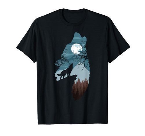 Forest with Full-Moon and Cliff Of Silhouette Howling Wolf T-Shirt