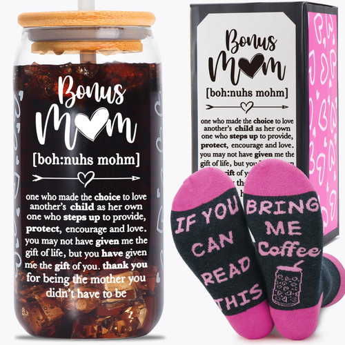 Christmas Gifts for Bonus Mom - Bonus Mom Gifts from Daughter - Unique Birthday Gifts for Bonus Mom Stepmom Second Mom - Bonus Mom Gifts for Mothers Day Christmas Birthday - 20oz Coffee Glass