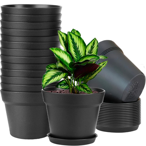 WOUSIWER 16 Pack 6 inch Plastic Planters for Indoor Flower Pots, Heavy Duty and Stylish 6 Inch Plant Pots for Indoor Plants with Drainage Holes and Tray for Plants, Flowers, Black