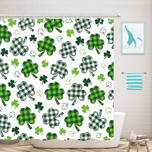 Lacoiime St. Patrick's Day Bathroom Shower Curtain Shamrock Shower Curtain Irish Lucky Clover Buffalo Check Plaid Bathroom Decor Fabric with 12PCS Hook,36X70IN