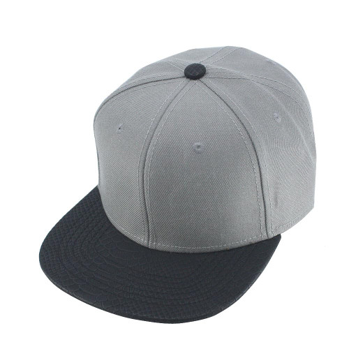Premium Plain Wool Blend Leather Flat Bill Adjustable Strapback Hats Baseball Caps (Leather Black/Gray)