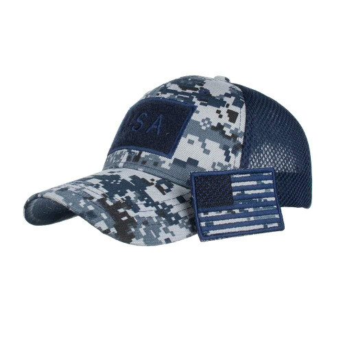 ABOURBAY Tactical Operator Cap Camouflage Trucker Mesh Hat with USA Flag Patch Stitching (Navy Blue)