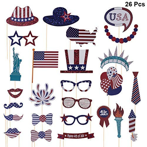 Amosfun 4th of July Photo Booth Props Kit DIY Selfie Props Funny Photo Props for American Independence Day Pose Sign 26pcs