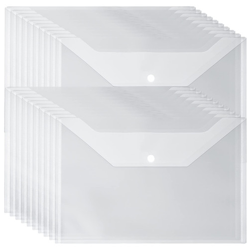CYEAH 40PCS Clear Plastic Envelopes with Snap Closure, Plastic Poly Envelope, Clear Plastic Folders for Documents, A4 Size Waterproof File Folder for School and Office Supplies, 9 X 12 Inch