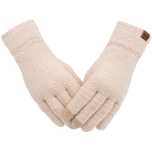 Winter Touchscreen Gloves for Women Chenille Warm Cable Knit with 3 Touch Screen Fingers Texting Driving Elastic Cuff Thermal Glove(Beige,Large)