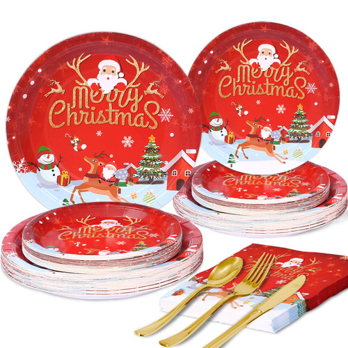 Christmas Plates and Napkins Merry Christmas Party Supplies Disposable Christmas Dinnerware Set-25 Dinner Plates 25 Dessert Plates 25 Napkins 25 Cutlery for Holiday Christmas Party Decorations
