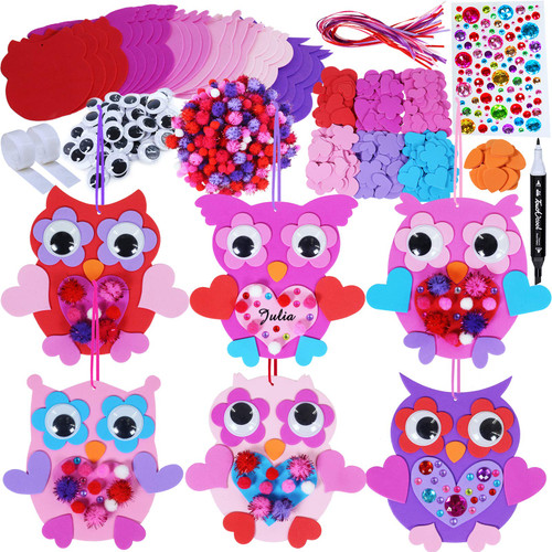 Winlyn 24 Sets Valentine's Day Owl Ornaments Decoration DIY Foam Owl Ornaments Craft Kit Assorted Owl Shaped Foam Cutouts with Heart Flower Googly Eyes Pom-poms for Kids Classroom Activities