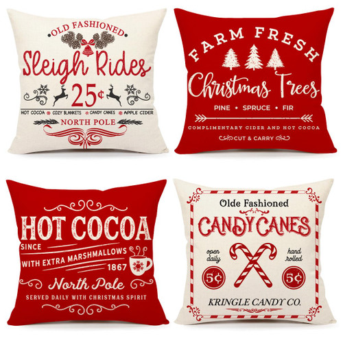 Farmhouse Christmas Pillow Covers 16x16 Set of 4 Winter Holiday Decorations Xmas Red White Rustic Throw Cushion Case for Sofa Couch Home Decor (Sleigh Rides, Farm Fresh Tree, Cocoa, Candy Canes)
