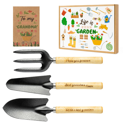 3Pcs Gardening Tool Gifts Kit for Grandma Stainless Steel Garden Tool Set with Wooden Handle Outdoor Small Garden Hand Tools Includes Hand Trowel Transplant Trowel Cultivator for Women Plant Lovers