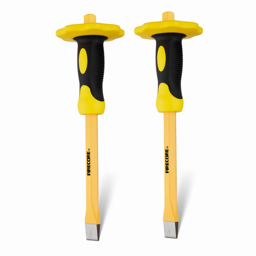 Firecore FS305F 2Pcs Masonry Chisel with Hand Guard, 12 inches Heavy Duty Flat Chisel with Hand Protection, Concrete Mortar Stone Breaker Chisel for Demolishing Cutting Breaking Carving Splitting