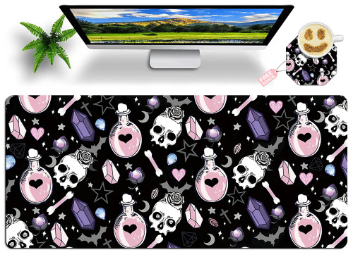 XXL Extended Mouse Pad with Coaster 31.5 x 11.8 Full Desk Mousepad Stitched Edges Desk Pad Extended Large Gaming Mouse Pad for Desk Office Home Desk Mat-Skull Goth Magic Cute Witchy