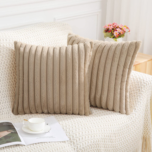 Pallene Faux Fur Plush Throw Pillow Covers 18x18 Set of 2 - Luxury Soft Fluffy Striped Decorative Pillow Covers for Sofa, Couch, Living Room - Khaki