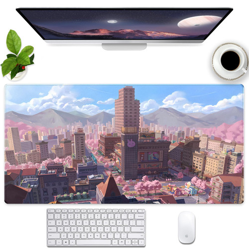 Wunpvty Cute Desk Mat Pink Sakura Anime City Mouse Pad XXL Extended Gaming Mousepad Kawaii Keyboard Mouse Mat Desk Pad for Computer Laptop 31.5''x15.7'' Non-Slip Rubber Base with Stitched Edges