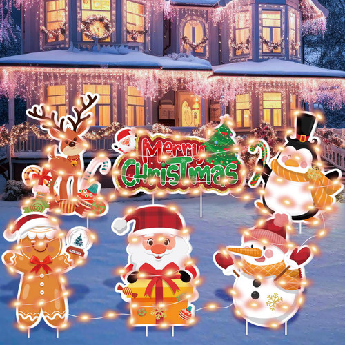 6Pcs Christmas Yard Signs with Led Lights, Christmas Santa Reindeer Gingerbread Snowman Lawn Yard Signs with Stakes Merry Christmas Outdoor Yard Decorations for Xmas Garden Yard Lawn Holiday Party Supplies
